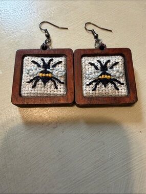 Handmade Fabulous One Of A Kind Wooden Square Bee Embroidery Earrings